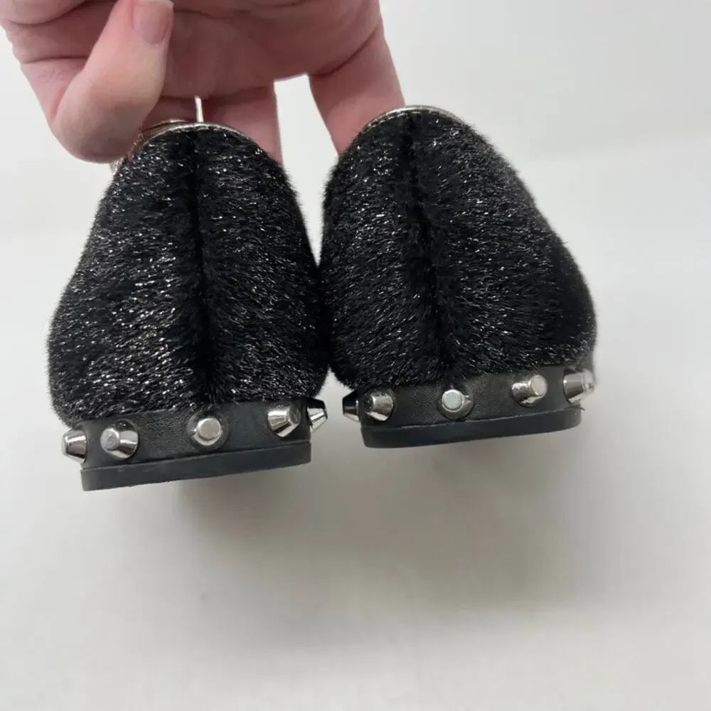 Marc Fisher Black Silver Shimmer Studded Abree Faux Fur Womens Loafers Shoes 7.5